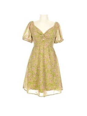 JAPNA ~ Floral Green and Pink Short Elastic Sleeve Dress Sheer Bodice Lined